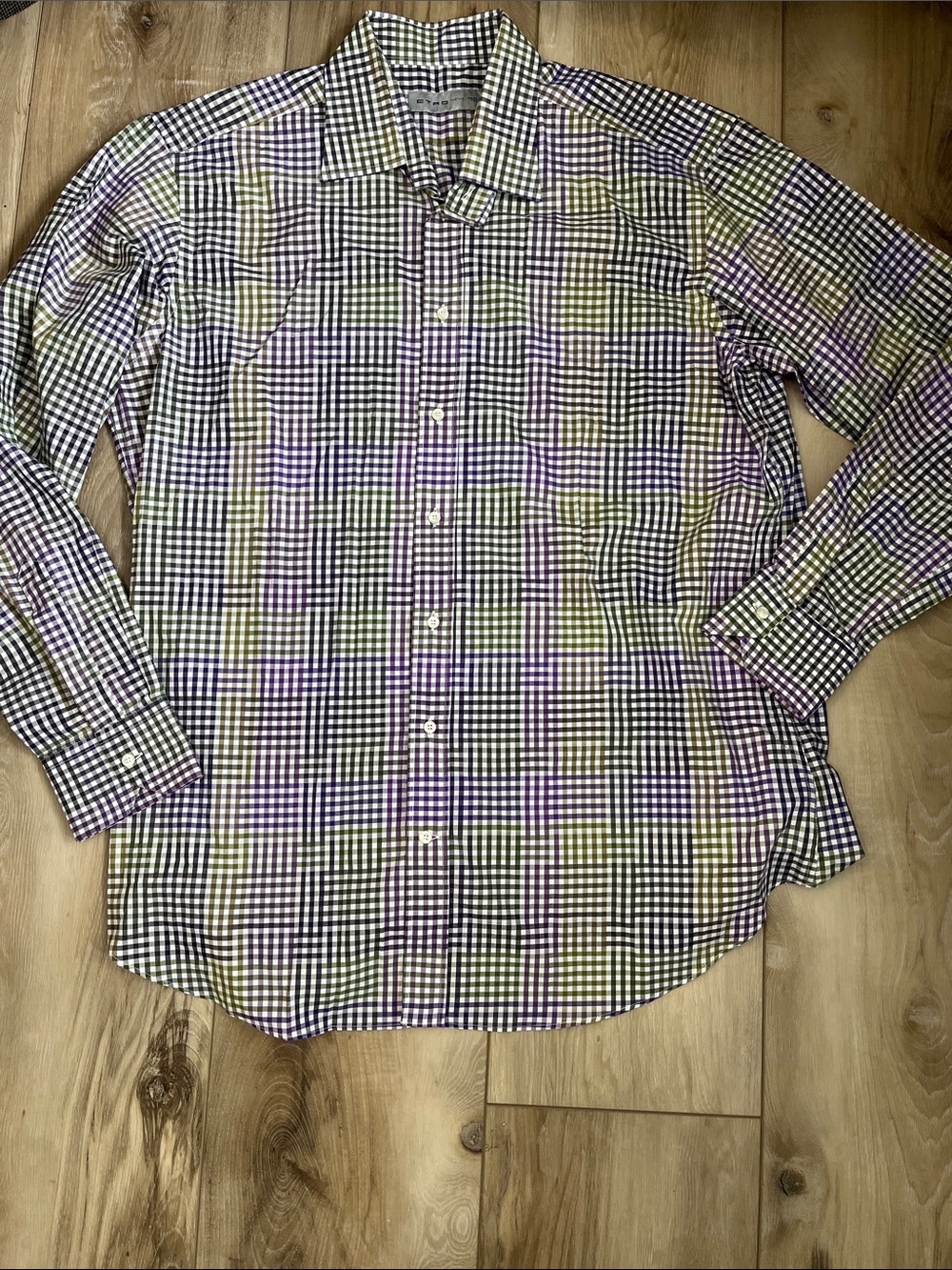Etro Mens Check Button Down Shirt Green Purple  Size XL EU 44 Italy